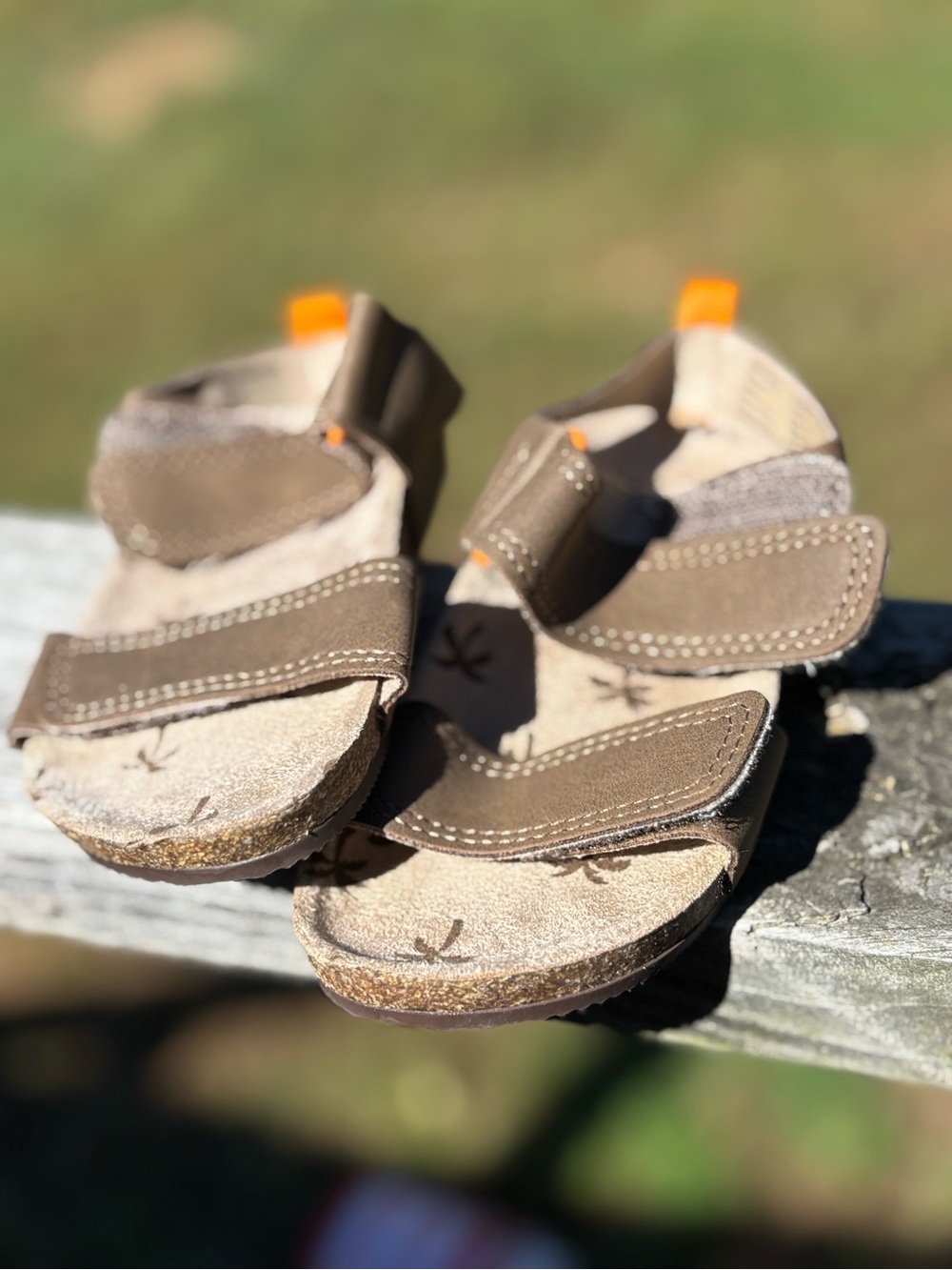 wonder nation Brown Kids Adjustable Hook-and-Loop Sandals with Orange Pull Tabs
